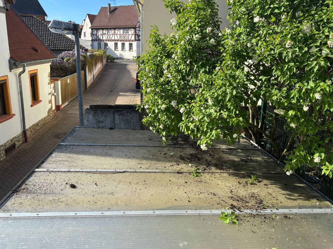 Carport-Glasdach aus Polycarbonat-Stegplatten vor der Reinigung, Erde und Laub